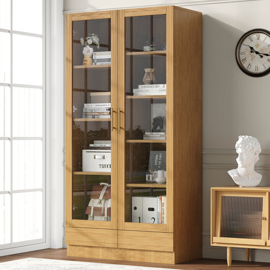 Vitrinekast Modern – Glazen Kast – Boekenkast – Opbergkast – Displaykast – Natuurlijk Houten Frame – Vrijstaand Met Push-to-Open Lades – 80x40x160 cm