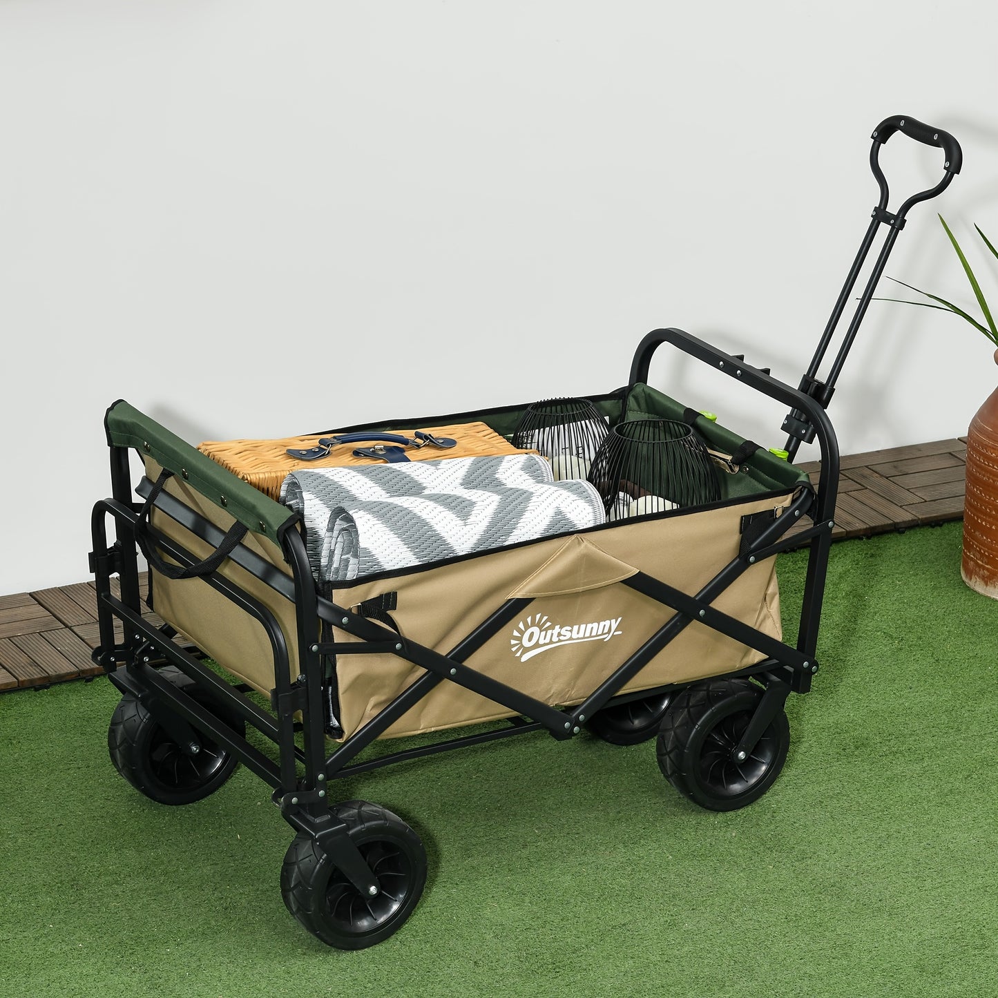 Opvouwbare Transportkar – Handwagen – Strandkar – Boodschappenwagen – Tuinkar – Kaki Groen – Draagkracht Tot 100 Kg – Stevig Oxford Materiaal