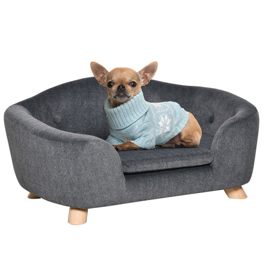 Huisdierbank – Hondenbank – Kattenbank – Dierenbed – Huisdiersofa – Antraciet Grijs – Zacht Pluche Kussen – Stevig Dennenhouten Frame 70 x 47 x 30 cm