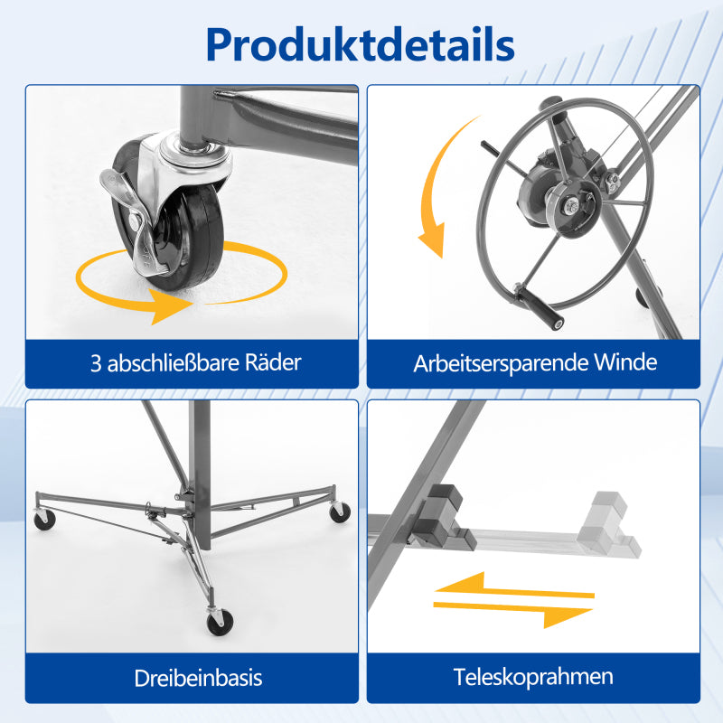 Gipsplaatlift – Gyproc Lifter – Plaatlift – Platenheffer – Montagehulp – Verstelbaar 140-350 cm – 3 Remwielen & 60° Kantelbaar – Stalen Frame Grijs