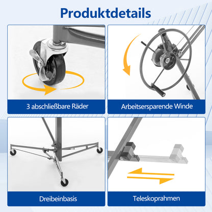 Gipsplaatlift – Gyproc Lifter – Plaatlift – Platenheffer – Montagehulp – Verstelbaar 140-350 cm – 3 Remwielen & 60° Kantelbaar – Stalen Frame Grijs