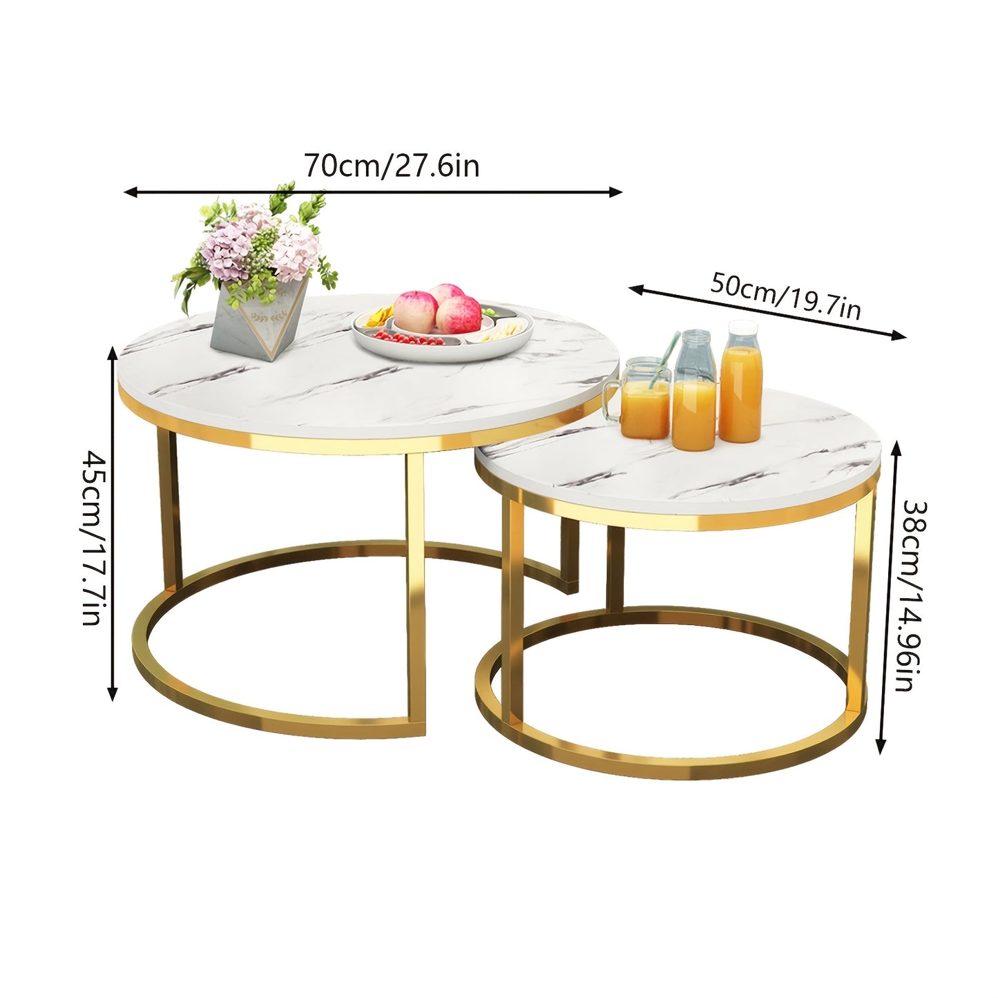Salontafelset Rond – Salontafel Bijzettafel Koffietafel Tafeltje – Wit Met Houten Blad – Set Van 2 – Nesting Ontwerp – 70 & 50 cm – Retro Stijl – Multifunctioneel