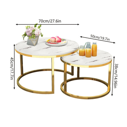 Salontafelset Rond – Salontafel Bijzettafel Koffietafel Tafeltje – Wit Met Houten Blad – Set Van 2 – Nesting Ontwerp – 70 & 50 cm – Retro Stijl – Multifunctioneel