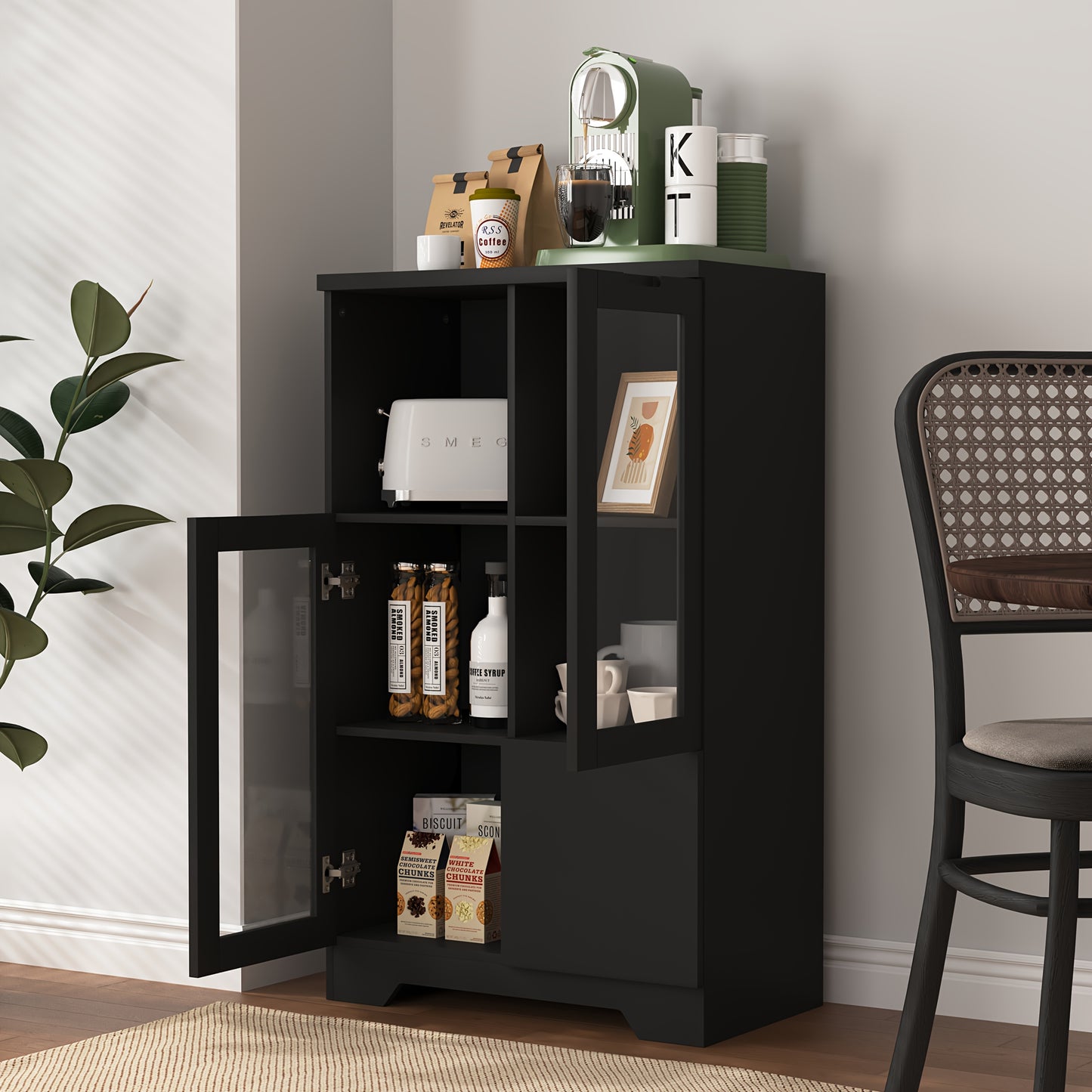 Modern Metal Sideboard Storage Cabinet with Glass Doors & Drawers - Black Freestanding Floor Cabinet, 68.58cm Height, Open & Closed Storage for Living Room, Bedroom, Dining Room, Cabinet Storage, Home Organization, Contempora