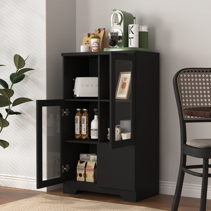 Modern Metal Sideboard Storage Cabinet with Glass Doors & Drawers - Black Freestanding Floor Cabinet, 68.58cm Height, Open & Closed Storage for Living Room, Bedroom, Dining Room, Cabinet Storage, Home Organization, Contempora