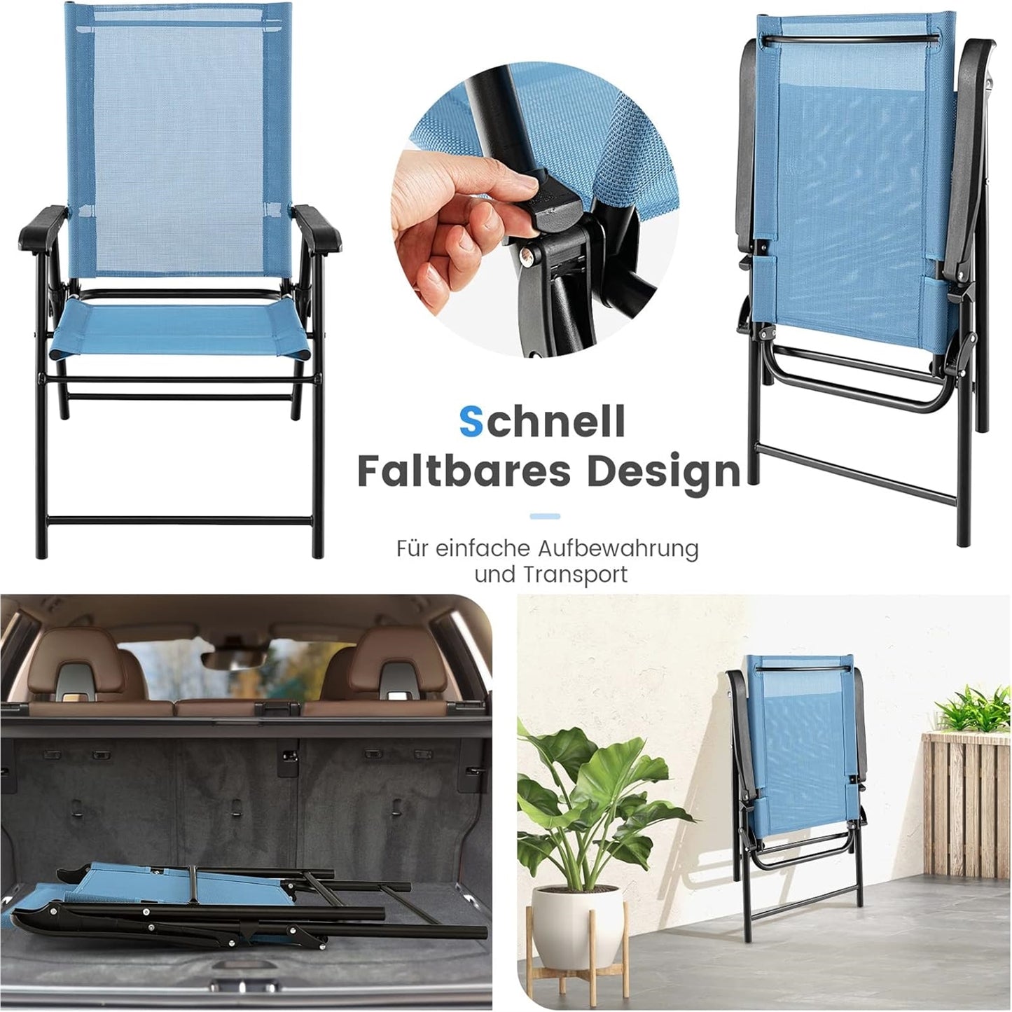 Tuinstoel – Klapstoel – Balkonstoel – Terrasstoel – Tuinstoelen Set – Weerbestendig – Inklapbaar Met Armleuningen – Metalen Frame – Blauw – Lichtgewicht