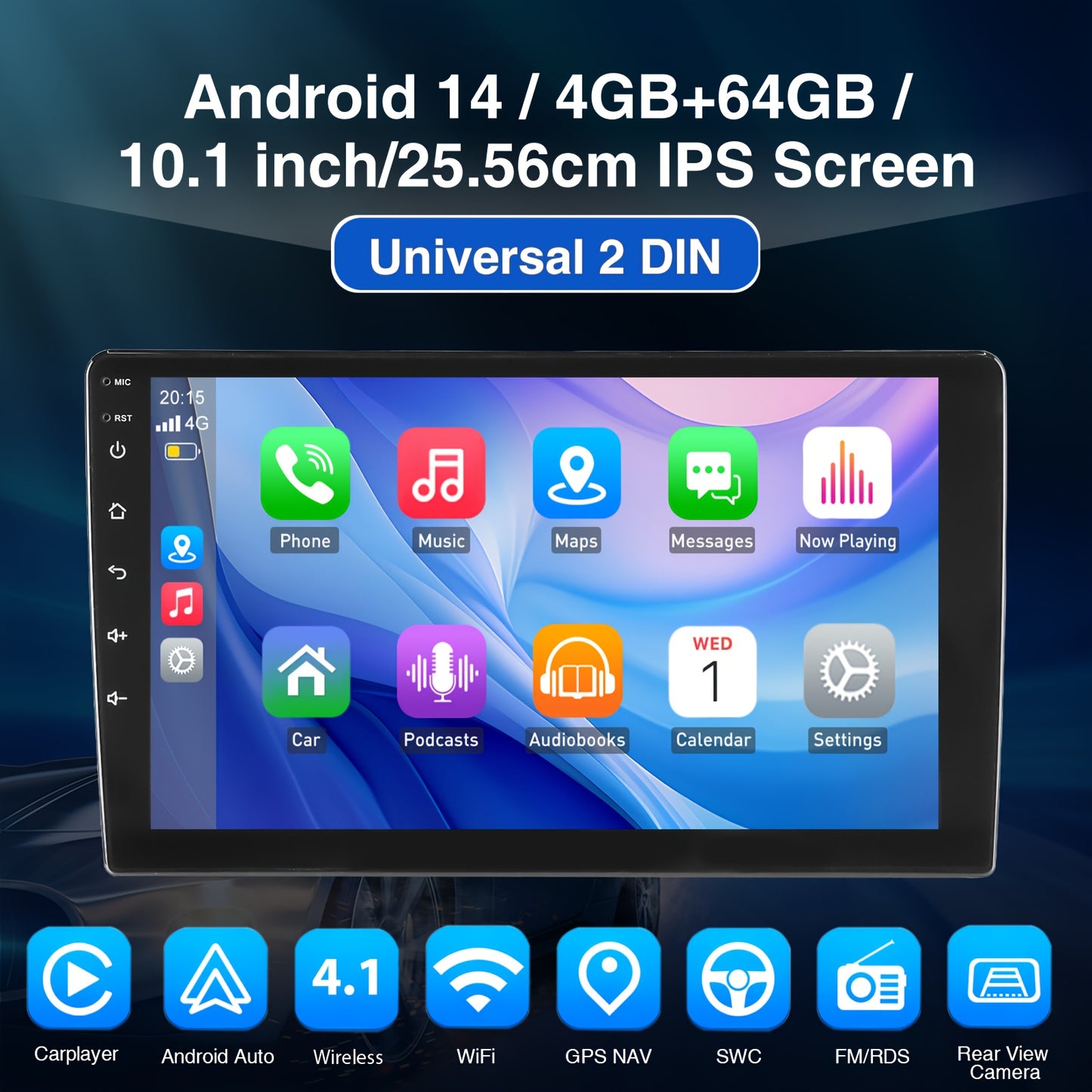 Multimedia Autoradio – Car Radio – 2 DIN Stereo – Android Auto – Bluetooth Radio – 10,1 Inch IPS Touchscreen – Android 14 Besturingssysteem – Microfoon & Achteruitrijcamera