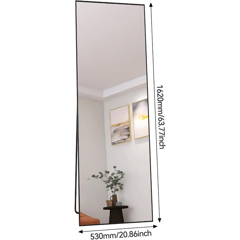 Vloerspiegel – Passpiegel – Staande Spiegel – Wandspiegel – Full Body Spiegel – 162 x 53 cm – Breukvrij Aluminium Frame – Zwart Elegant Design