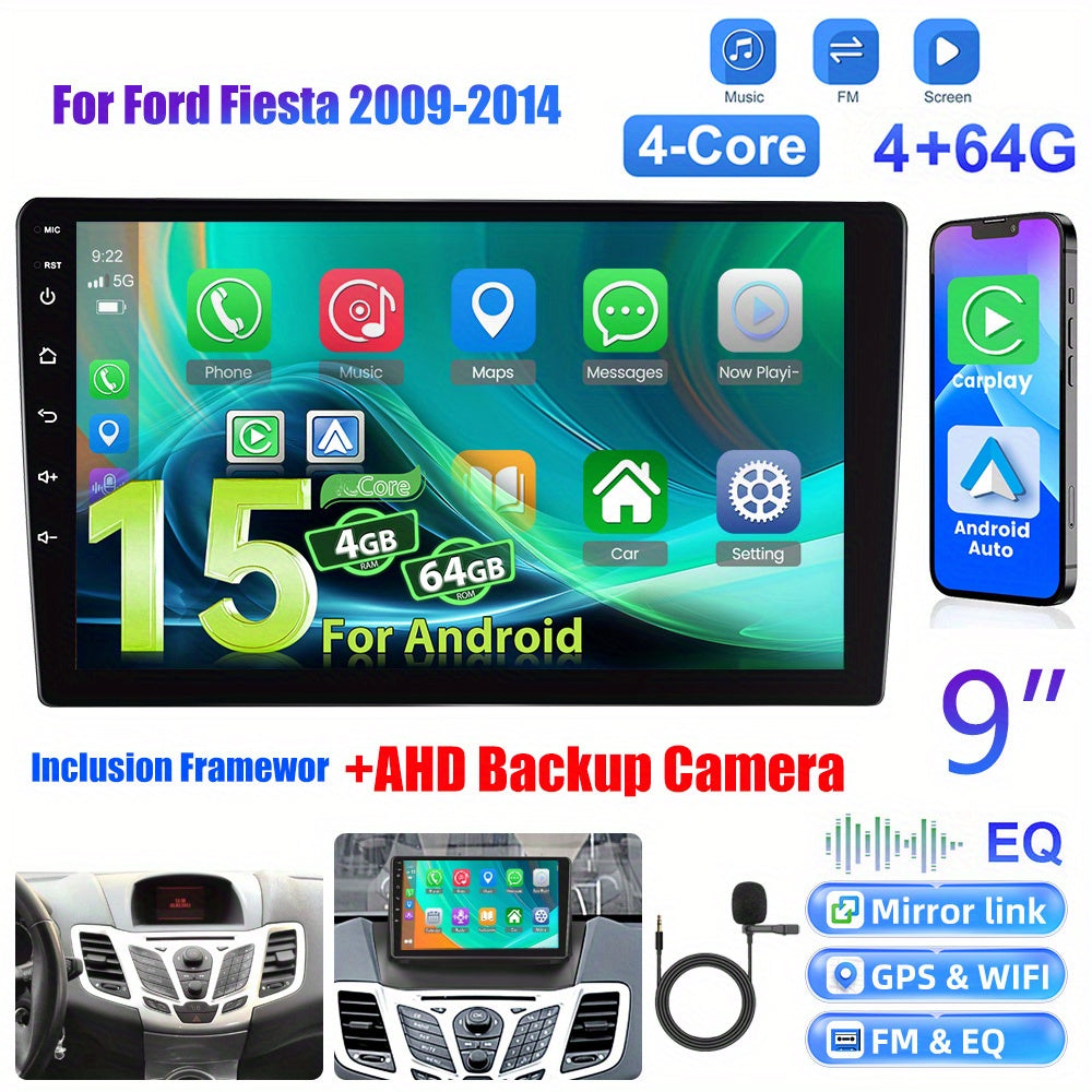 Android 15 Autoradio – Car Stereo – Multimedia Speler – Navigatiesysteem – Touchscreen Radio – 9 Inch IPS Scherm – 4GB RAM 64GB Opslag – Draadloos CarPlay & Android Auto – AHD Achteruitrijcamera Met Microfoon