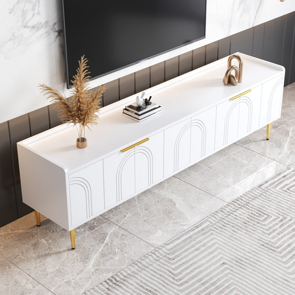 TV Cabinet | Low Unit with Textured Doors, Golden Handles, and Golden Feet | Optimal Storage for Audio-Visual Equipment, Games Consoles, Books, or Decorative Items | Keeps Belongings Efficiently Organized and Tidy | Metal Mat