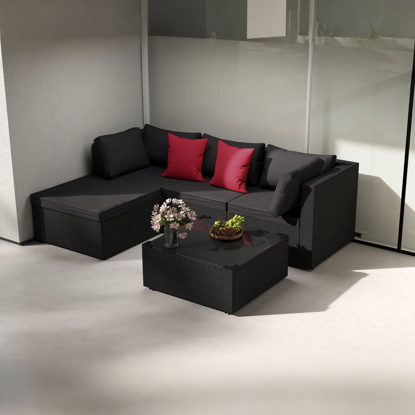 Loungeset Tuin – Loungeset Balkon – Tuinmeubelen – Loungehoek – Tuinbank – Weerbestendig Polyrattan – Comfortabele Kussens – 5-Delige Set Zwart