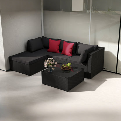 Loungeset Tuin – Loungeset Balkon – Tuinmeubelen – Loungehoek – Tuinbank – Weerbestendig Polyrattan – Comfortabele Kussens – 5-Delige Set Zwart