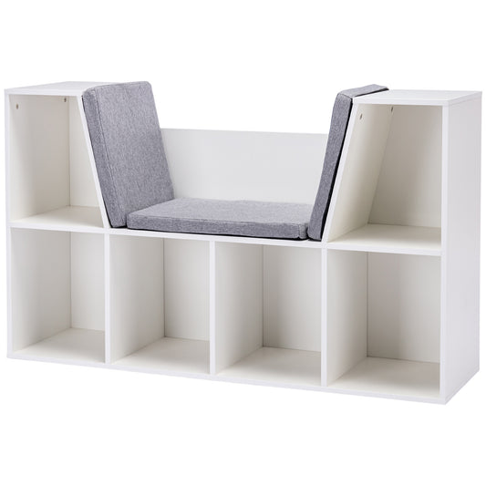 2-in-1 Opbergrek en Bankje – Kindermeubel – Opbergkast – Zitbankje – Speelgoedkast – Wit en Grijs – Compact Formaat – Comfortabel Kussen