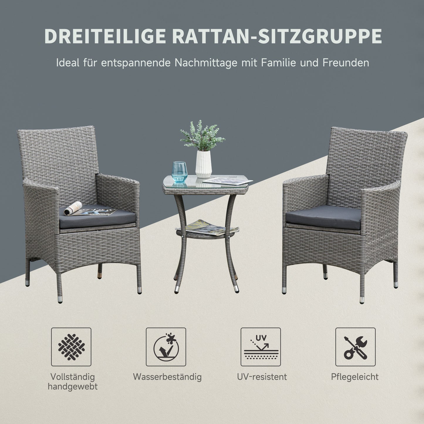 Rattan Tuinmeubelset – Bistroset – Balkonset – Tuinstoelen – Tuinmeubilair – Grijs – Poly Rattan & Stalen Frame – Glas Tafelblad met Kussens