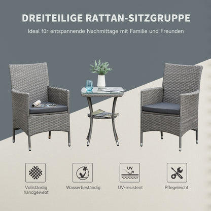 Rattan Tuinmeubelset – Bistroset – Balkonset – Tuinstoelen – Tuinmeubilair – Grijs – Poly Rattan & Stalen Frame – Glas Tafelblad met Kussens