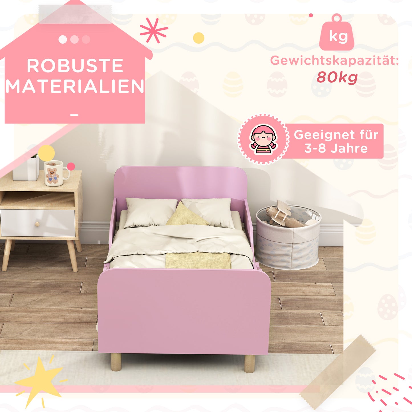 Kinderbedframe – Eenpersoons Bed – Kinderbed – Bedframe Met Veiligheidsrail – Kinderbed Roze – Compact Formaat – Stevig Materiaal