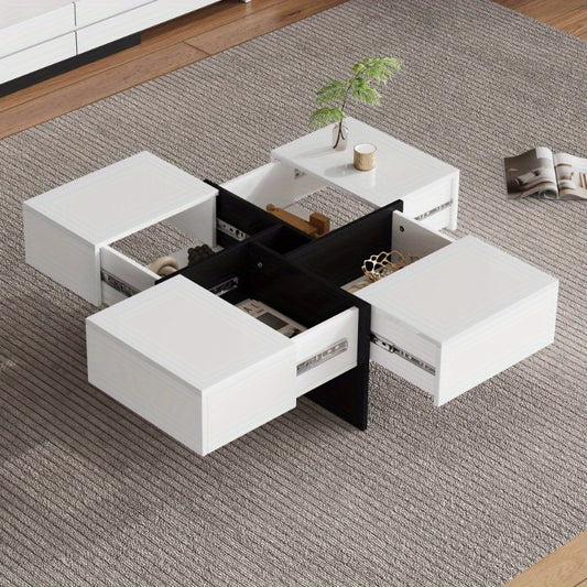 Salontafel – Woonkamertafel – Bijzettafel – Koffietafel – Tafel – Hoogglans Afwerking – 70x70x35 cm Met Opbergruimte En 4 Laden