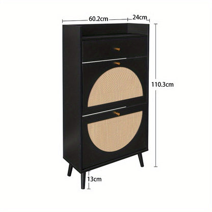 Schoenenkast Rattan – Schoenopberger – Schoenrek – Schoenopslag – Halmeubel – 2 Deuren 1 Lade – Compact 60cm Zwart
