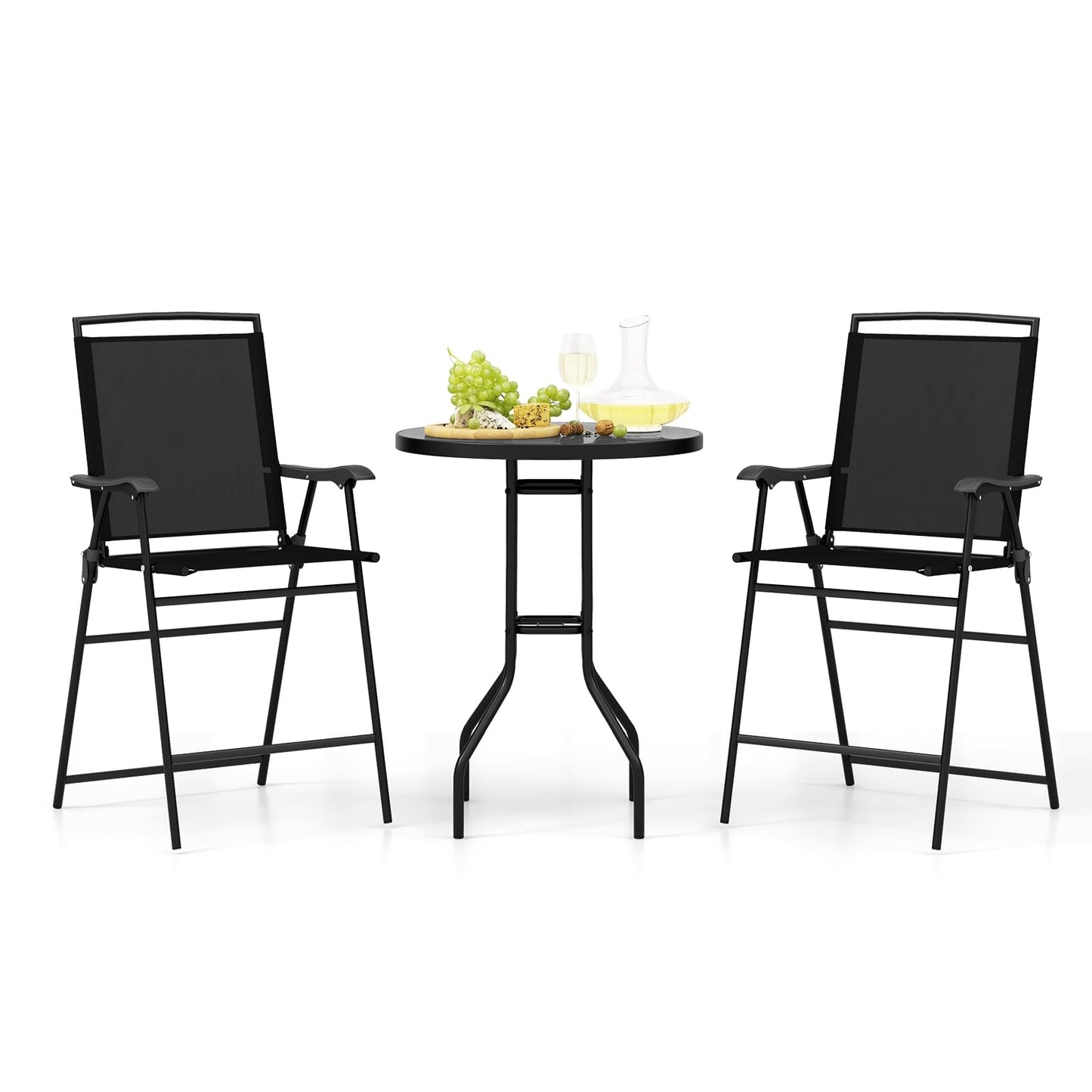 Bistro Tuinset – Balkon Meubels – Terras Set – Buiten Tafel Met Stoelen – Tuinmeubilair – Met Parasolgat – Vouwbare Stoelen – Zwart Metalen Frame – Duurzaam & Compact
