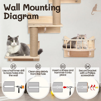 Krabpaal – Kattenboom – Kattenhuis – Kattenmeubel – Klimmeubel – 5-in-1 Muurklimset – Massief Hout – Ruimtebesparend Design