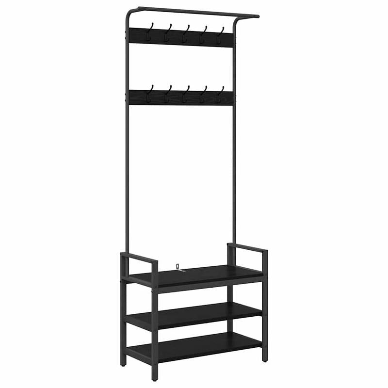 Kapstok Zwart Eiken – Garderobe Standaard – Jasrek – Schoenenrek – Halmeubel – Compact Ontwerp – Duurzaam Gelamineerd Hout – 75x34x184 cm