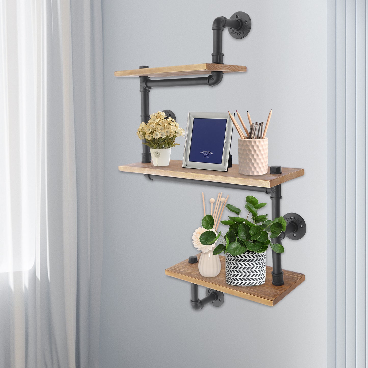 3-laags Wandrek – Muurrek – Plank – Wandplank – Opbergrek – Zwart Bruin Dennehout en Staal – Stevige Constructie en Ruime Opbergruimte