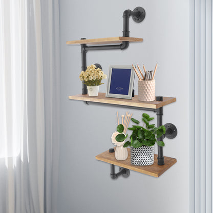 3-laags Wandrek – Muurrek – Plank – Wandplank – Opbergrek – Zwart Bruin Dennehout en Staal – Stevige Constructie en Ruime Opbergruimte