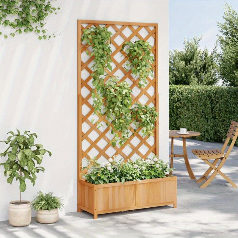 Houten Plantenbak – Bloembak – Tuinbak – Bloempot – Plantenbak Met Trellis – Massief Vurenhout – Rustieke Bruine Afwerking – Compact & Duurzaam