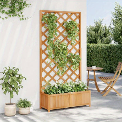 Houten Plantenbak – Bloembak – Tuinbak – Bloempot – Plantenbak Met Trellis – Massief Vurenhout – Rustieke Bruine Afwerking – Compact & Duurzaam