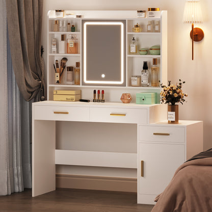 Jewelry Cabinet, Dressing Table, Large Tabletop with Mirror, 3 Drawers And 1 Cabinet, Open Multi-Tier Shelves, for Bedroom, Wardrobe, 40 X 130 X 149cm, White, Jewelry Armoires