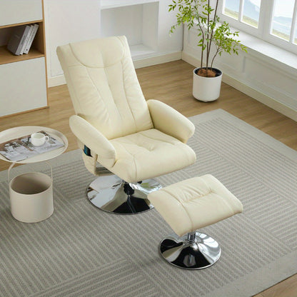 Modern White Beige Reclining Swivel Chair and Footstool Set with 360° Rotating Mechanism, Manual Recliner Sofa with Stool for Living Room, Bedroom - Easy Assembly, Durable Comfortable Lounge Chair with Sturdy Footrest, Space