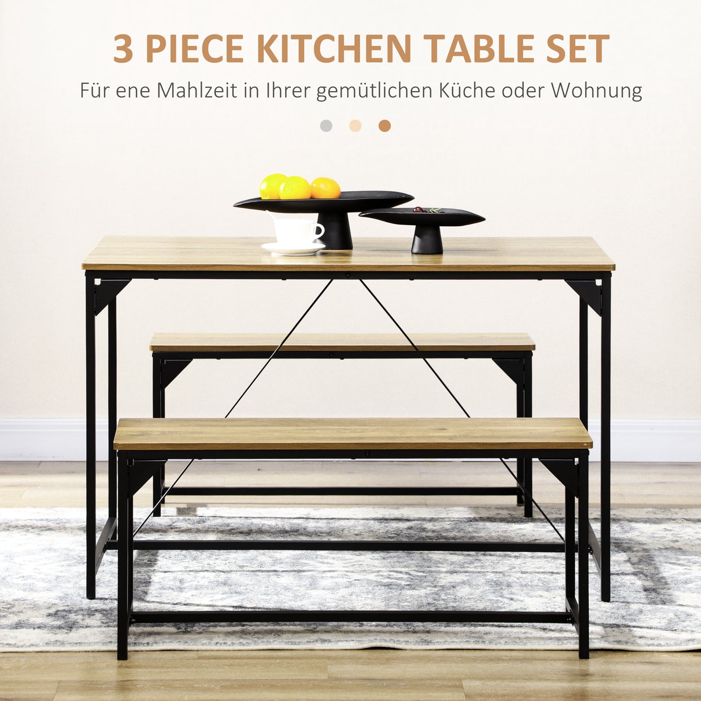 Eethoek – Eetkamerset – Keukentafelset – Tafel met Banken – Eettafelset – Compact en Ruimtebesparend – Houtlook Met Industrieel Staal