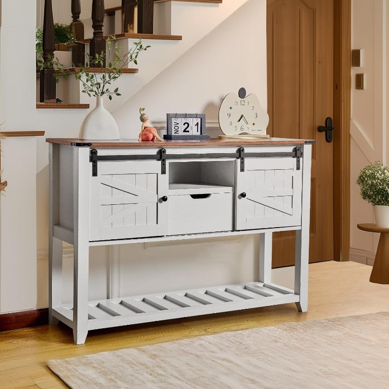 Sidetable – Haltafel – Wandtafel – Consoletafel – Dressoir – Massief Houten Constructie – Rustiek Walnoot Tweekleurig Design – Compacte Opbergruimte met Schuifdeuren en Lade – 117 x 69 x 68 cm