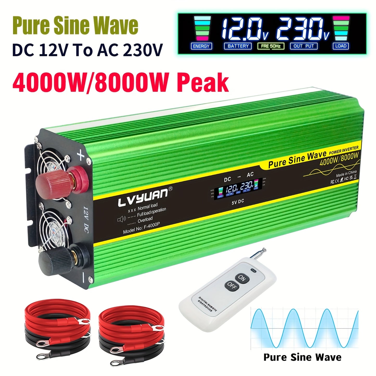 Omvormer 12V – Spanningomvormer – Inverter – DC naar AC Converter – Stroomomzetter – Hoog Vermogen 4000W – Hard-Wired Installatie