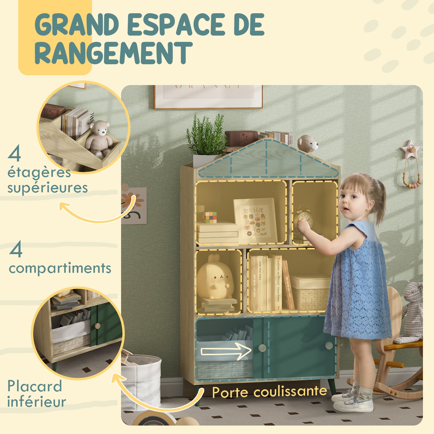 AIYAPLAY 'S Library Bookshelf 'S Storage Shelf 'S Room Toy Storage Furniture with 4 Niches, Cabinet for Playroom, 'S Room, Living Room - 80 X 30 X 140, 5 Cm Green