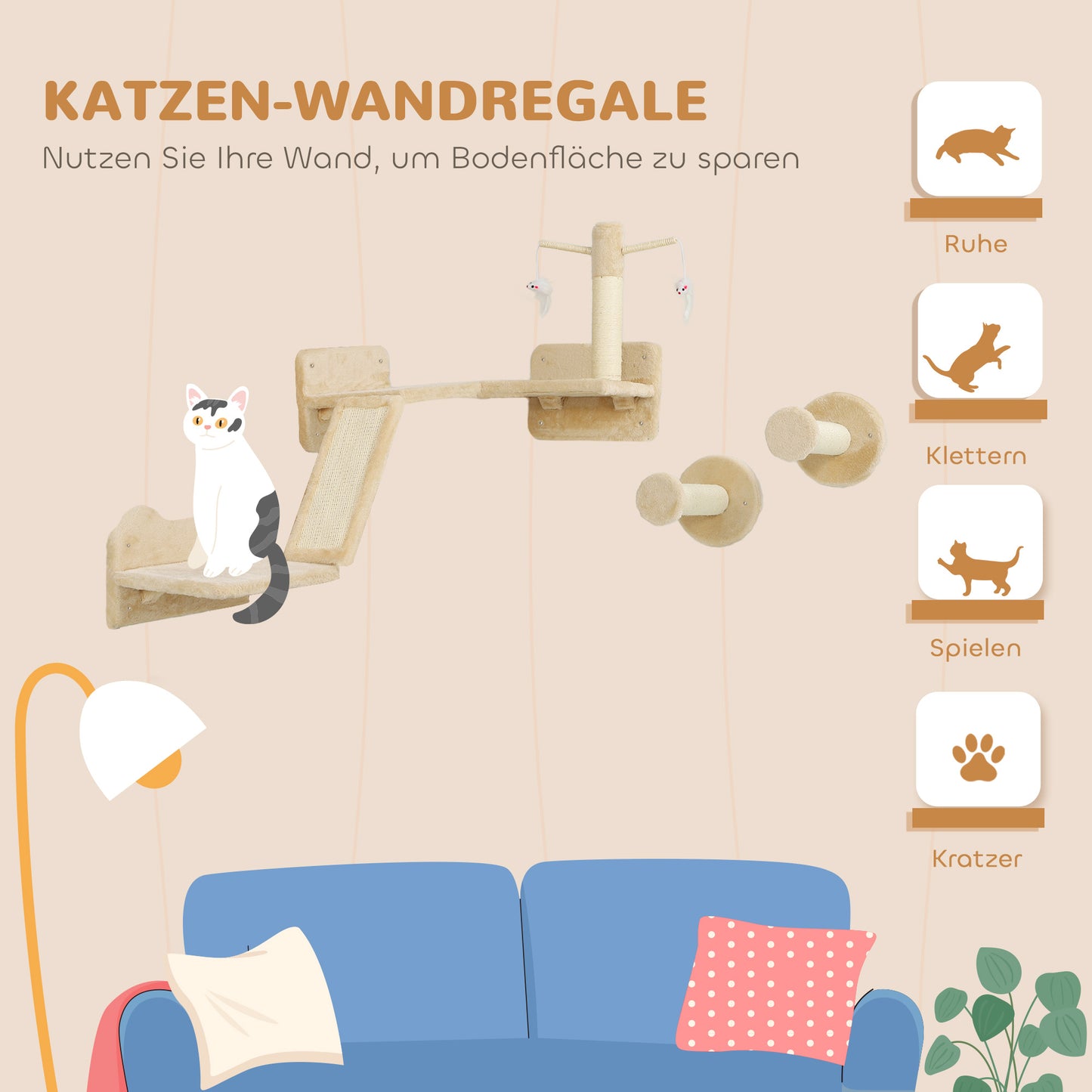 Krabpaal – Kattenboom – Kattenmeubel – Klimwand – Krabwand – Muurbevestigd – Ruimtebesparend Ontwerp – 110x56x73 cm – Sisal Krabpalen – Beige