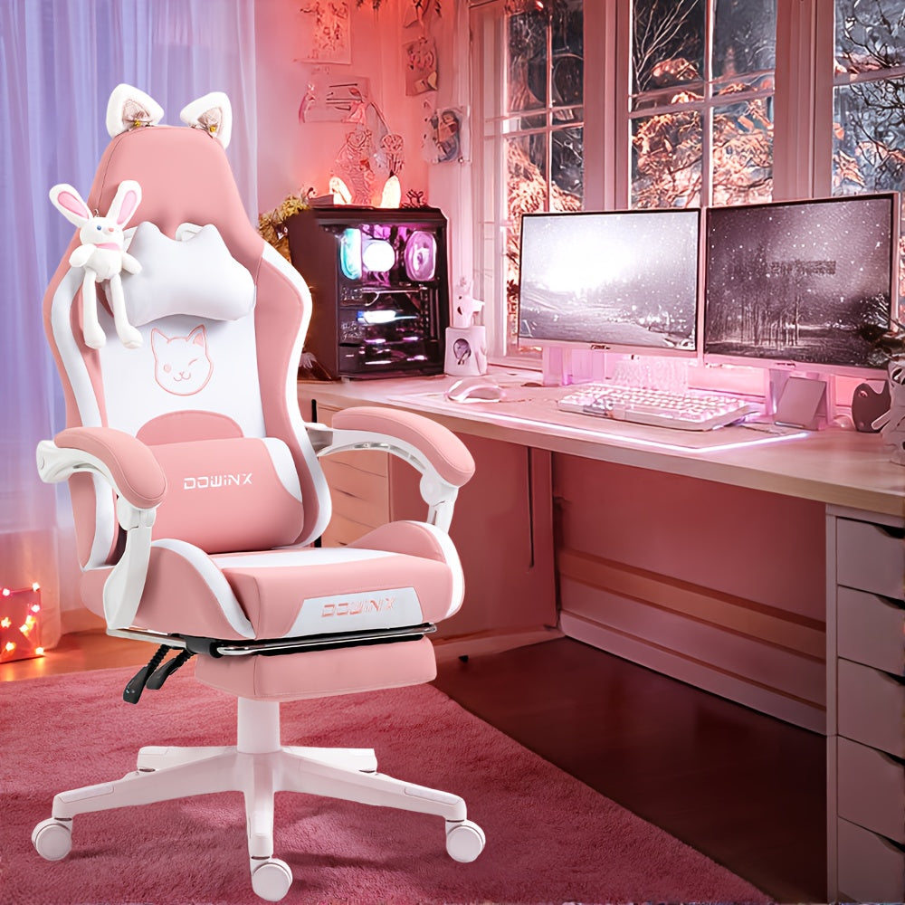 Gamingstoel Roze – Gamestoel – Bureaustoel – Comput Stoel – Kantoorstoel – Ergonomisch Met Verstelbare Voetsteun – Stevig Metalen Frame Tot 136 KG