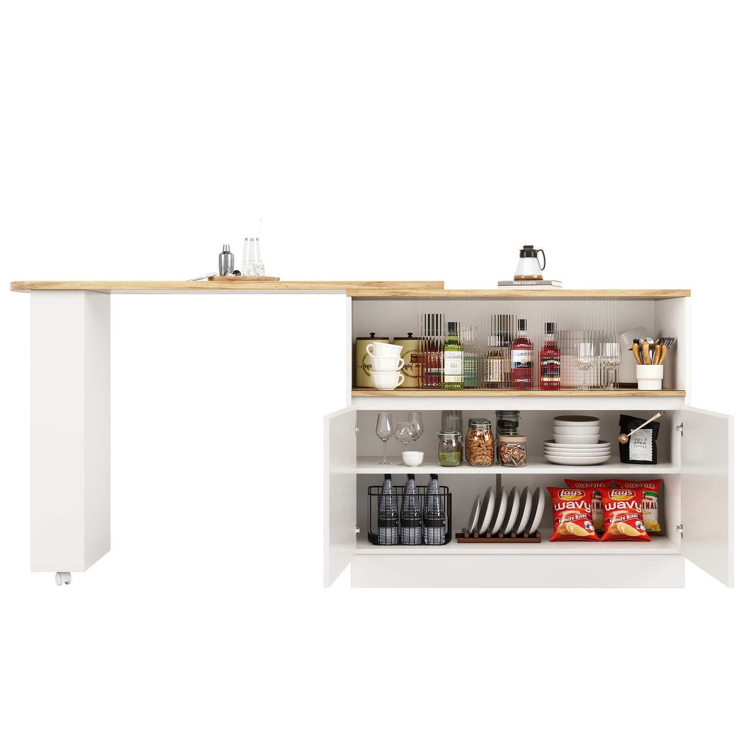 Keukeneiland – Keukentrolley – Serveerwagen – Buffetkast – Eetbar – Wit Metaal – 360° Draaibaar – Ruimtebesparend 90x45x100 cm