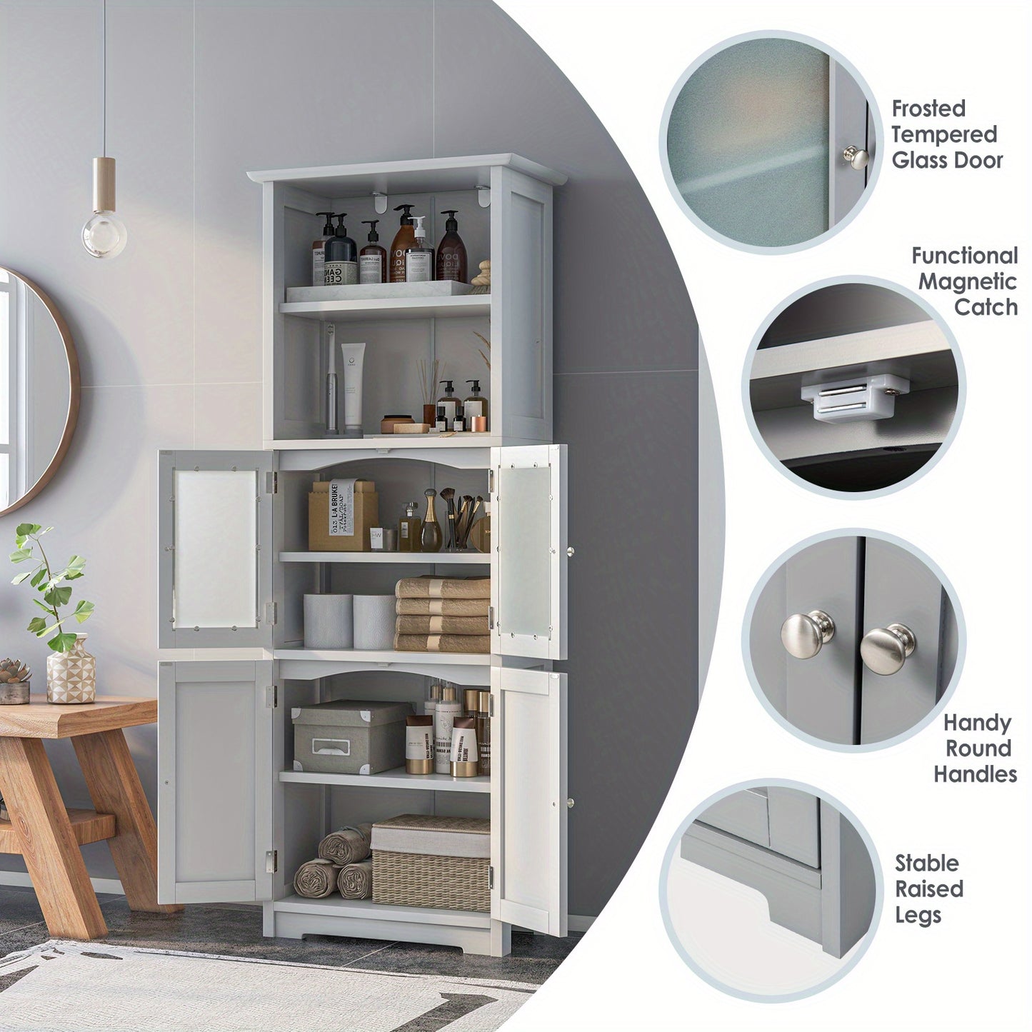 badkamerkast – kolomkast – opbergkast – badkamermeubel – wastafelonderkast – MDF & gehard glas – verstelbare planken 60x30x164 cm – wit