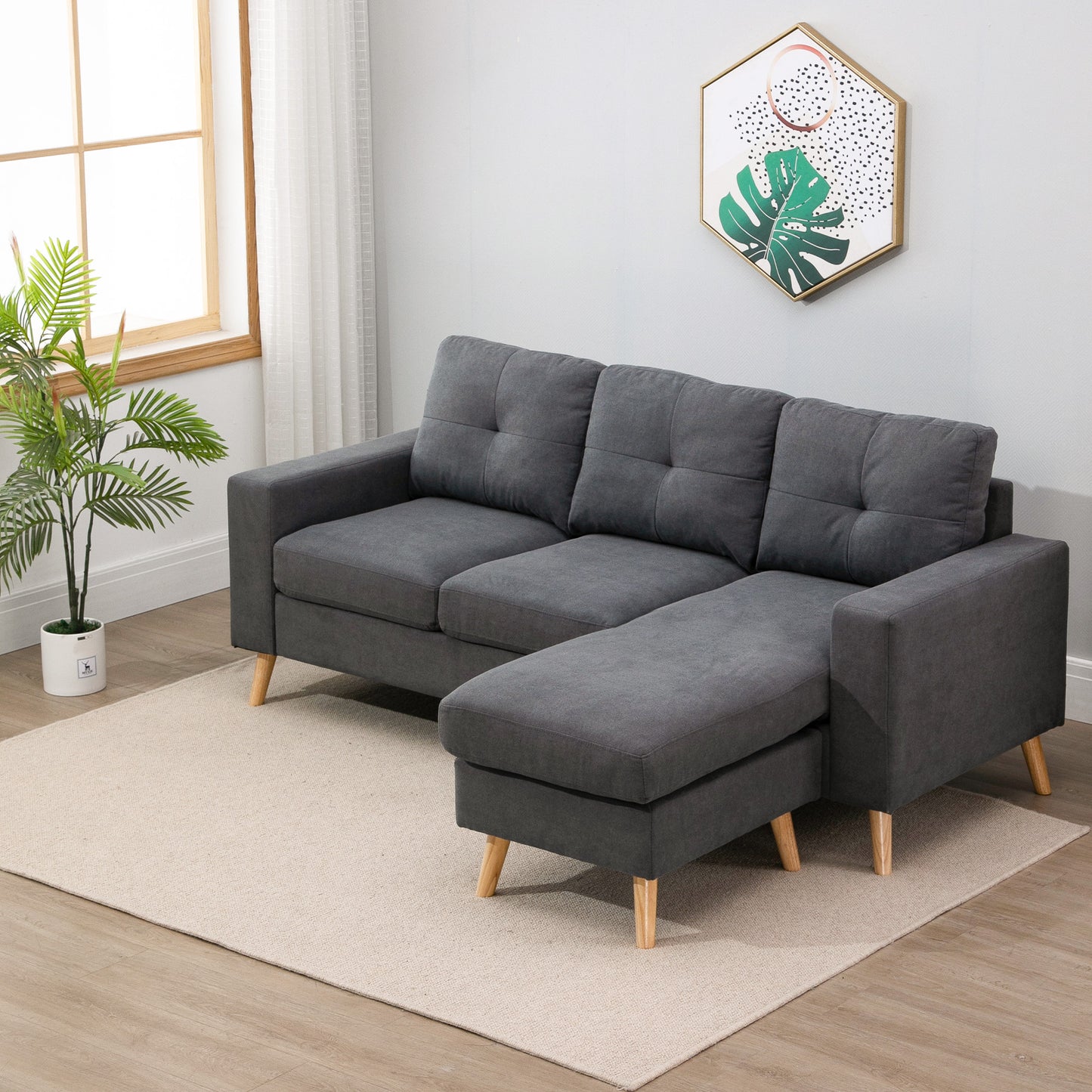 Hoekbank – Loungebank – Sofa – Hoeksalon – 3-Zitsbank – Linnen Look Stof – Chaise Longue – Stevig Houten Frame – 193x136x85 cm