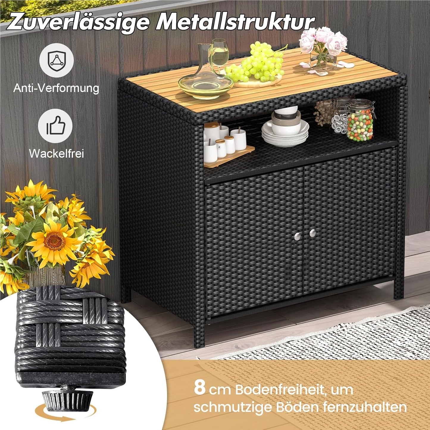 Tuinkast Rattan Kast Buitenberging Opbergkast Tuinmeubel – Zwart – 90x53x86 cm – Acaciahouten Werkblad – Weerbestendig Metalen Frame