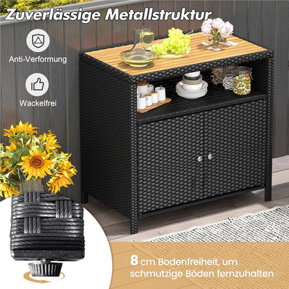 Tuinkast Rattan Kast Buitenberging Opbergkast Tuinmeubel – Zwart – 90x53x86 cm – Acaciahouten Werkblad – Weerbestendig Metalen Frame
