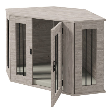Space-Saving Corner Dog Crate with Secure Latch door - Sturdy Construction, Matte Brown Finish - Ideal for Medium Dogs - Includes Pet Mat - Modern Home Decor Crate for Living Room, Bedroom, Office - Easy-Clean Surfaces, Room
