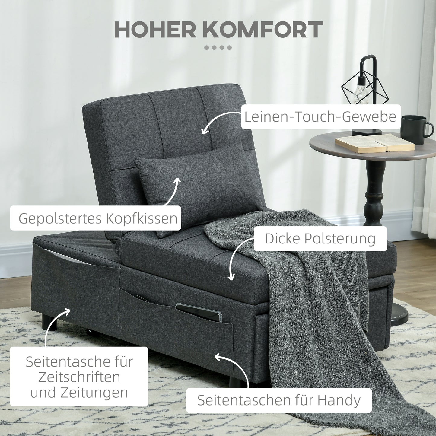 Relaxstoel – Fauteuil – Ligstoel – Slaapstoel – Zitstoel – 3-in-1 Multifunctioneel – Donkergrijs Linnen-look – Inclusief Comfortabel Kussen – Max. 150 Kg Draagkracht