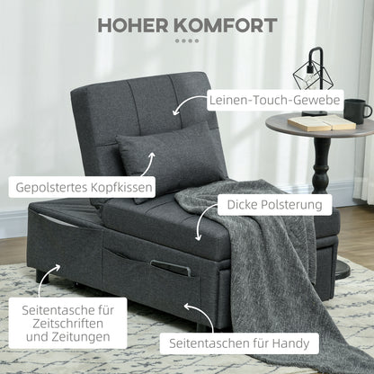 Relaxstoel – Fauteuil – Ligstoel – Slaapstoel – Zitstoel – 3-in-1 Multifunctioneel – Donkergrijs Linnen-look – Inclusief Comfortabel Kussen – Max. 150 Kg Draagkracht
