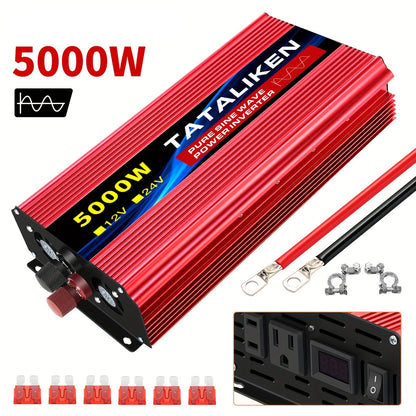 Pure Sinusgolf Omvormer – Spanningsomzetter – DC Naar AC Converter – Voertuigomvormer – Reisomvormer – 5000W Piekvermogen – USB Oplader – Aluminium Behuizing