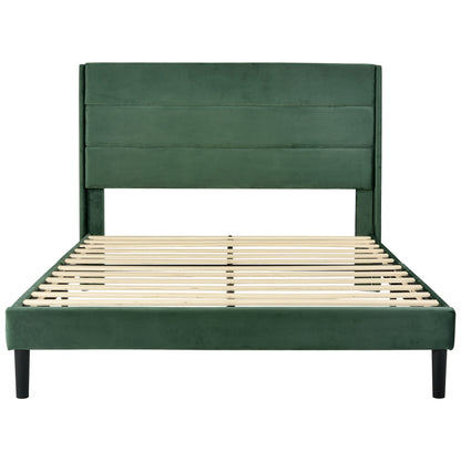 Bedbank 140x200 – Gestoffeerd Bed – Slaapbank – Tweepersoonsbed – Bedframe – Fluwelen Bekleding Donkergroen – Houten Lattenbodem – Modern Tijdloos Design