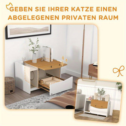 All-in-One Kattenbak – Kattenbak Met Bed – Kattenbakkombinatie – Kattenhuisje – Kattenmeubel – Ruimtebesparend Ontwerp – Wit Met Eikenhoutlook – 78x50x51 cm – Duurzaam PVC & PC – Scharnierend Deurtje