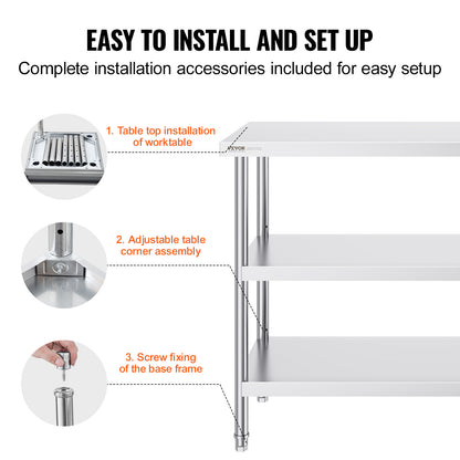 RVS Werktafel – Roestvrijstalen Werkbank – Keukentafel – Werkblad – Prep Tafel – Zilver – 3 Niveaus Met Verstelbare Planken – 0,8 mm Dikte Roestvrij Staal