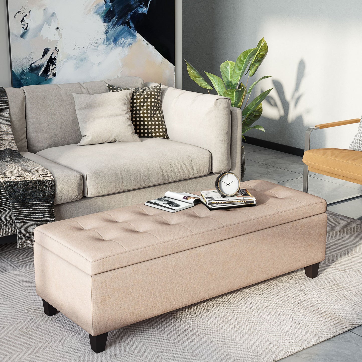 Bank – Sofa – Zitbank – Bench – Beige – Met Opbergruimte – Flanelstof Met Knoopjes – Draaggewicht 120 kg – 125 x 49 x 41,5 cm